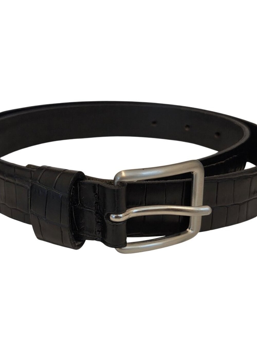 GAP Black Leather Embossed Womens Belt Brass Silver Tone Buckle Small